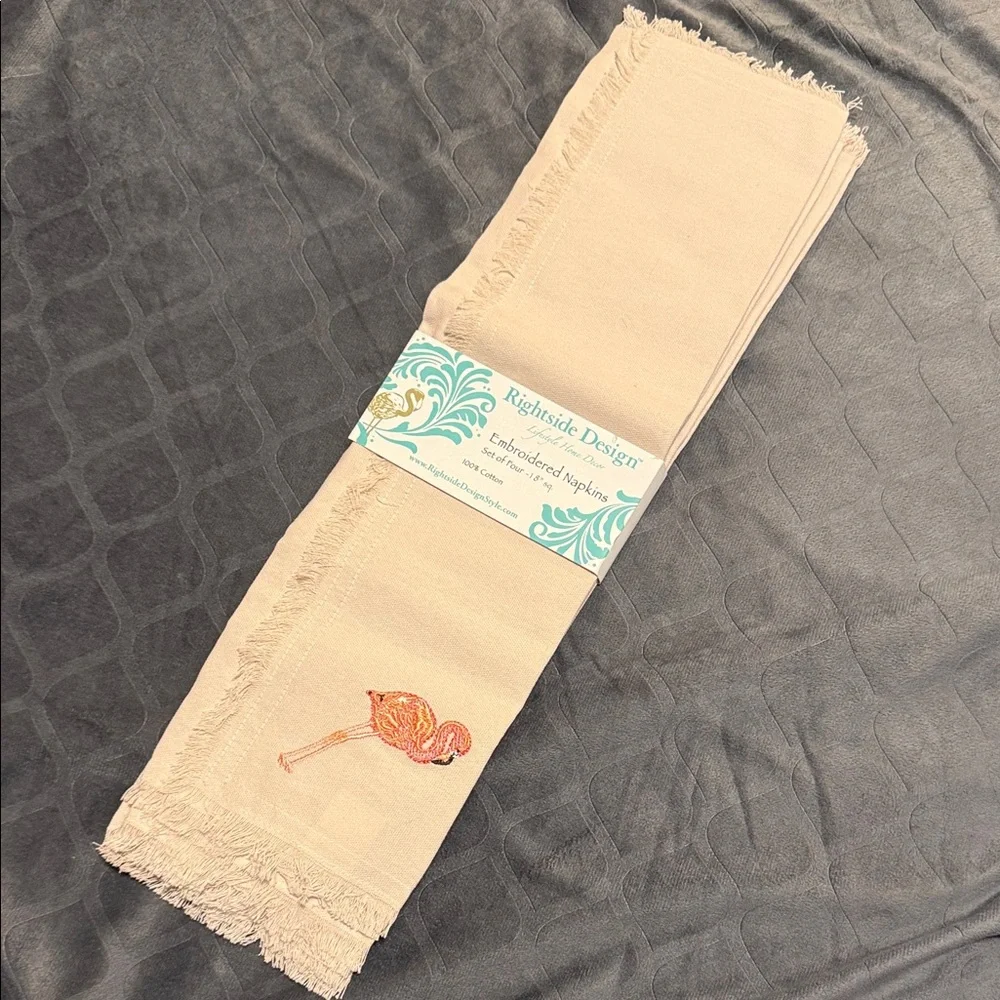 Cream Embroidered Pink Flamingo 100% Cotton Napkins Set